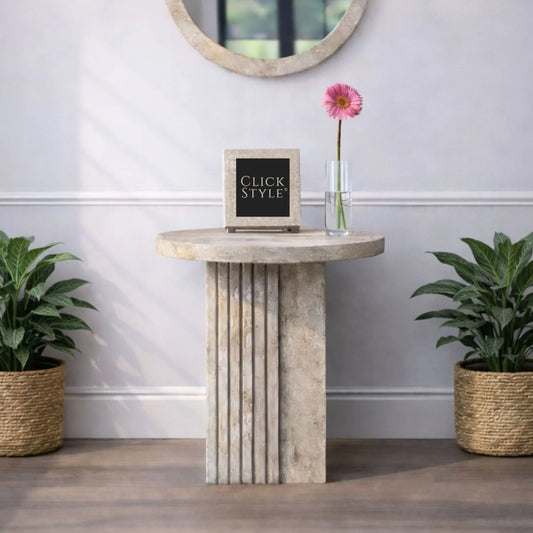 Stone Concrete Effect Round Pedestal Side Table with Vertical Grooved Base – Modern Beige & Grey Stone Effect Accent or Occasional Table with Textured Round Top for Living Rooms, Bedrooms & Contemporary Interiors 50x40x40cm | Click Style