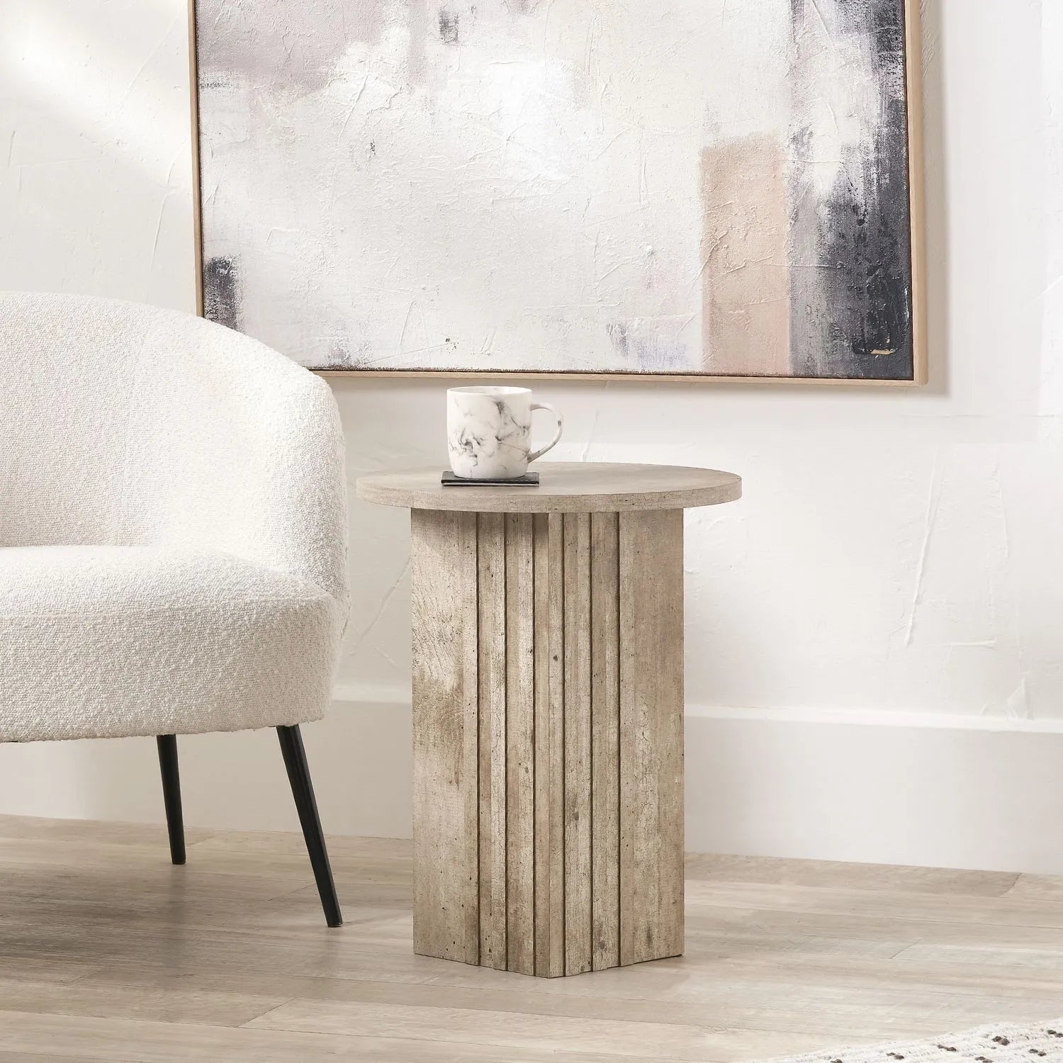 Stone Concrete Effect Round Pedestal Side Table with Vertical Grooved Base – Modern Beige & Grey Stone Effect Accent or Occasional Table with Textured Round Top for Living Rooms, Bedrooms & Contemporary Interiors 50x40x40cm | Click Style