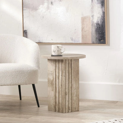 Stone Concrete Effect Round Pedestal Side Table with Vertical Grooved Base – Modern Beige & Grey Stone Effect Accent or Occasional Table with Textured Round Top for Living Rooms, Bedrooms & Contemporary Interiors 50x40x40cm | Click Style