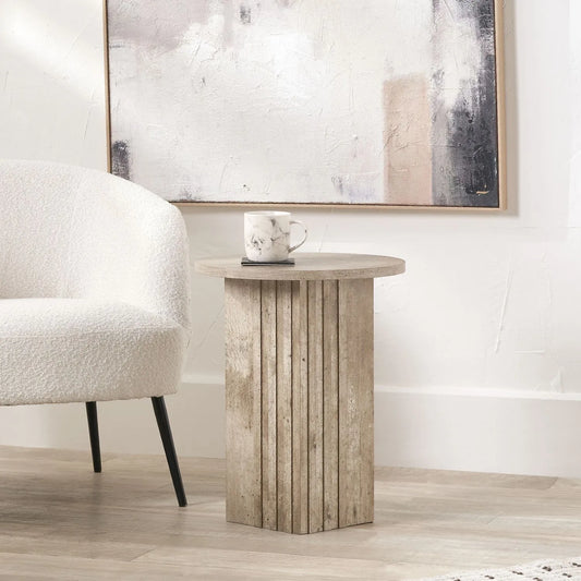 Stone Concrete Effect Round Pedestal Side Table with Vertical Grooved Base – Modern Beige & Grey Stone Effect Accent or Occasional Table with Textured Round Top for Living Rooms, Bedrooms & Contemporary Interiors 50x40x40cm | Click Style