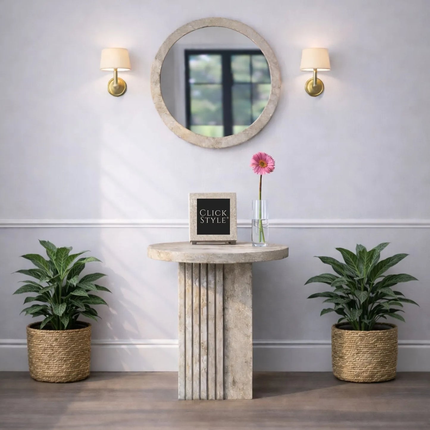 Stone Concrete Effect Round Pedestal Side Table with Vertical Grooved Base – Modern Beige & Grey Stone Effect Accent or Occasional Table with Textured Round Top for Living Rooms, Bedrooms & Contemporary Interiors 50x40x40cm | Click Style