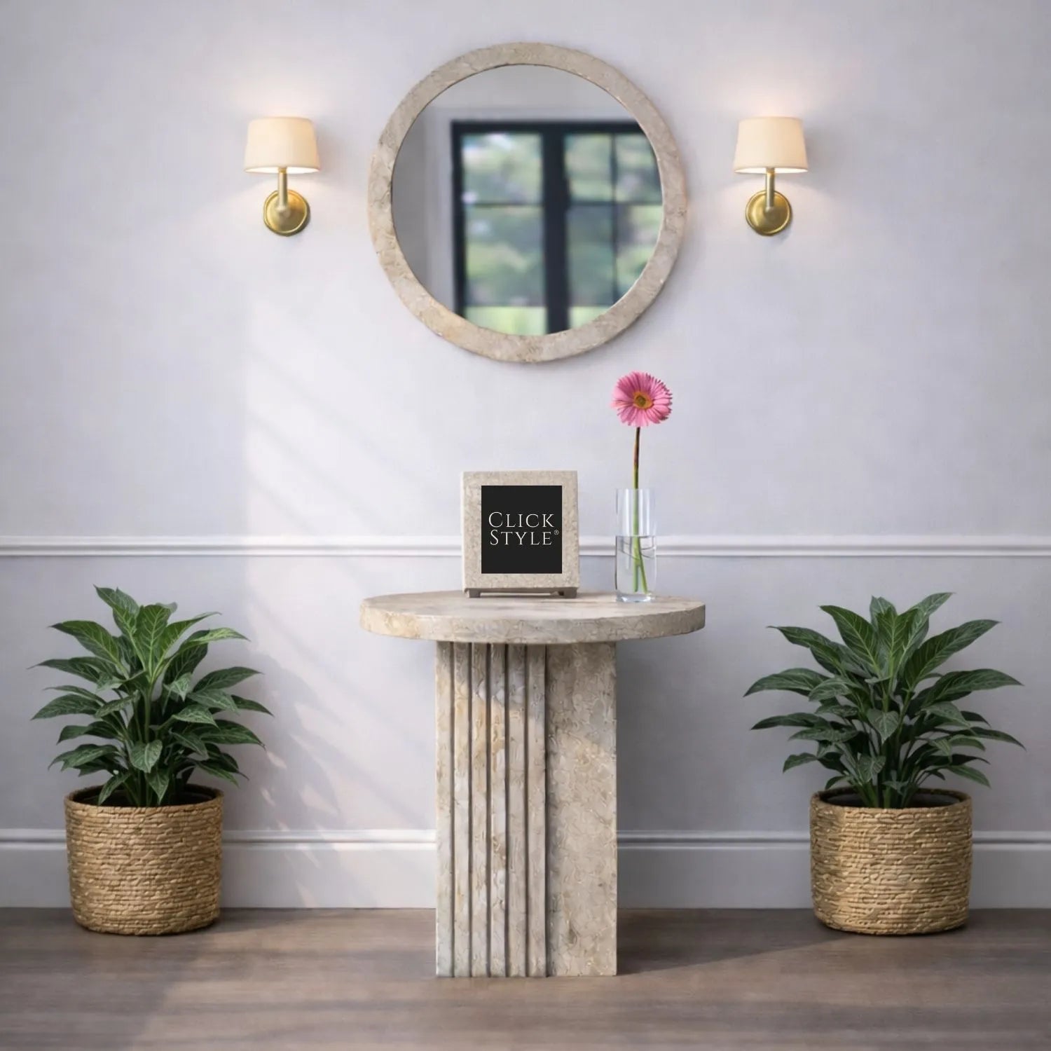 Stone Concrete Effect Round Pedestal Side Table with Vertical Grooved Base – Modern Beige & Grey Stone Effect Accent or Occasional Table with Textured Round Top for Living Rooms, Bedrooms & Contemporary Interiors 50x40x40cm | Click Style