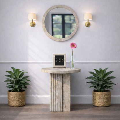 Stone Concrete Effect Round Pedestal Side Table with Vertical Grooved Base – Modern Beige & Grey Stone Effect Accent or Occasional Table with Textured Round Top for Living Rooms, Bedrooms & Contemporary Interiors 50x40x40cm | Click Style