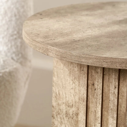 Stone Concrete Effect Round Pedestal Side Table with Vertical Grooved Base – Modern Beige & Grey Stone Effect Accent or Occasional Table with Textured Round Top for Living Rooms, Bedrooms & Contemporary Interiors 50x40x40cm | Click Style