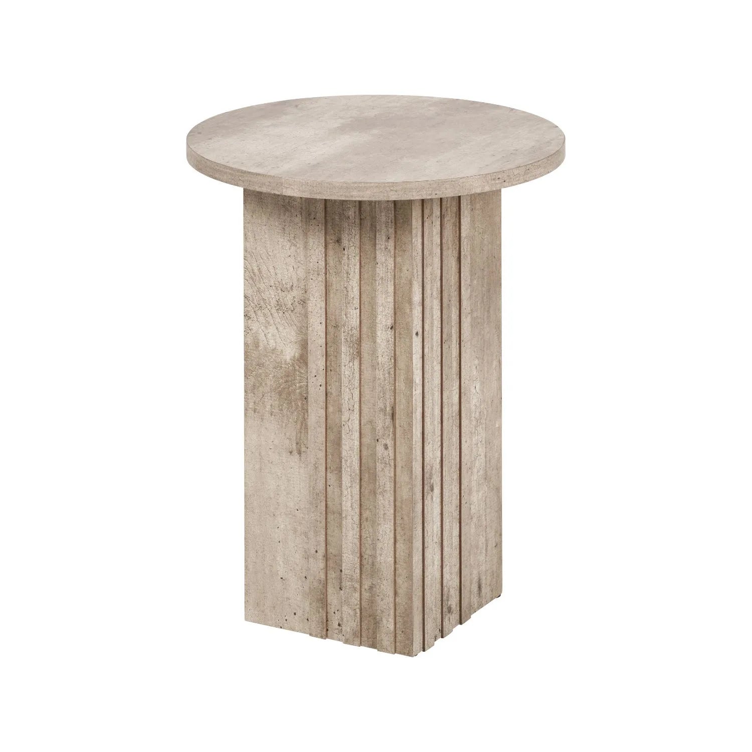 Stone Concrete Effect Round Pedestal Side Table with Vertical Grooved Base – Modern Beige & Grey Stone Effect Accent or Occasional Table with Textured Round Top for Living Rooms, Bedrooms & Contemporary Interiors 50x40x40cm | Click Style