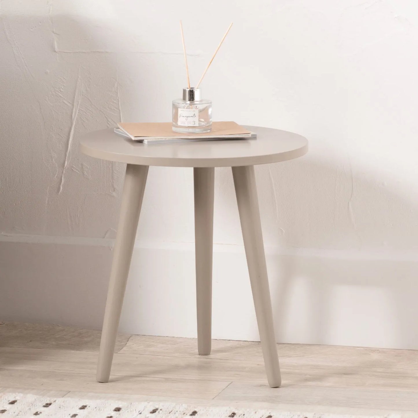 Stone Putty Tripod Pine Wood Side Table with 3 Legs – Modern Neutral Round Wooden Bedside Table 40x41x40cm - Click Style