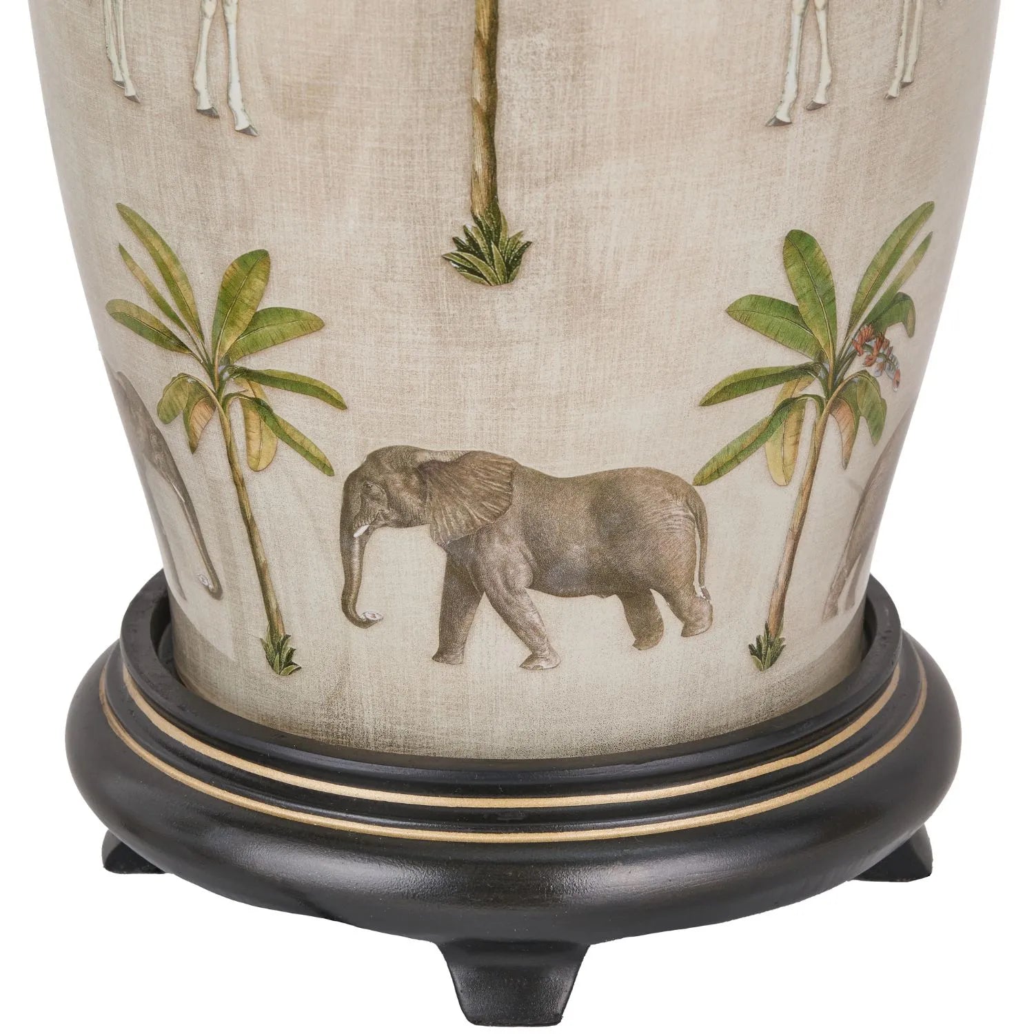 Jenny Worrall African Safari Glass Table Lamp Base with Elephants Giraffes Leopards & Palm Trees | Cream Champagne & Gold Urn-Shaped Lighting 48x20x20cm | Click Style