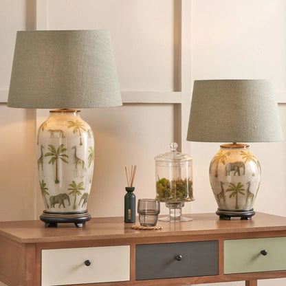 Jenny Worrall African Safari Glass Table Lamp Base with Elephants Giraffes Leopards & Palm Trees | Cream Champagne & Gold Urn-Shaped Lighting 48x20x20cm | Click Style