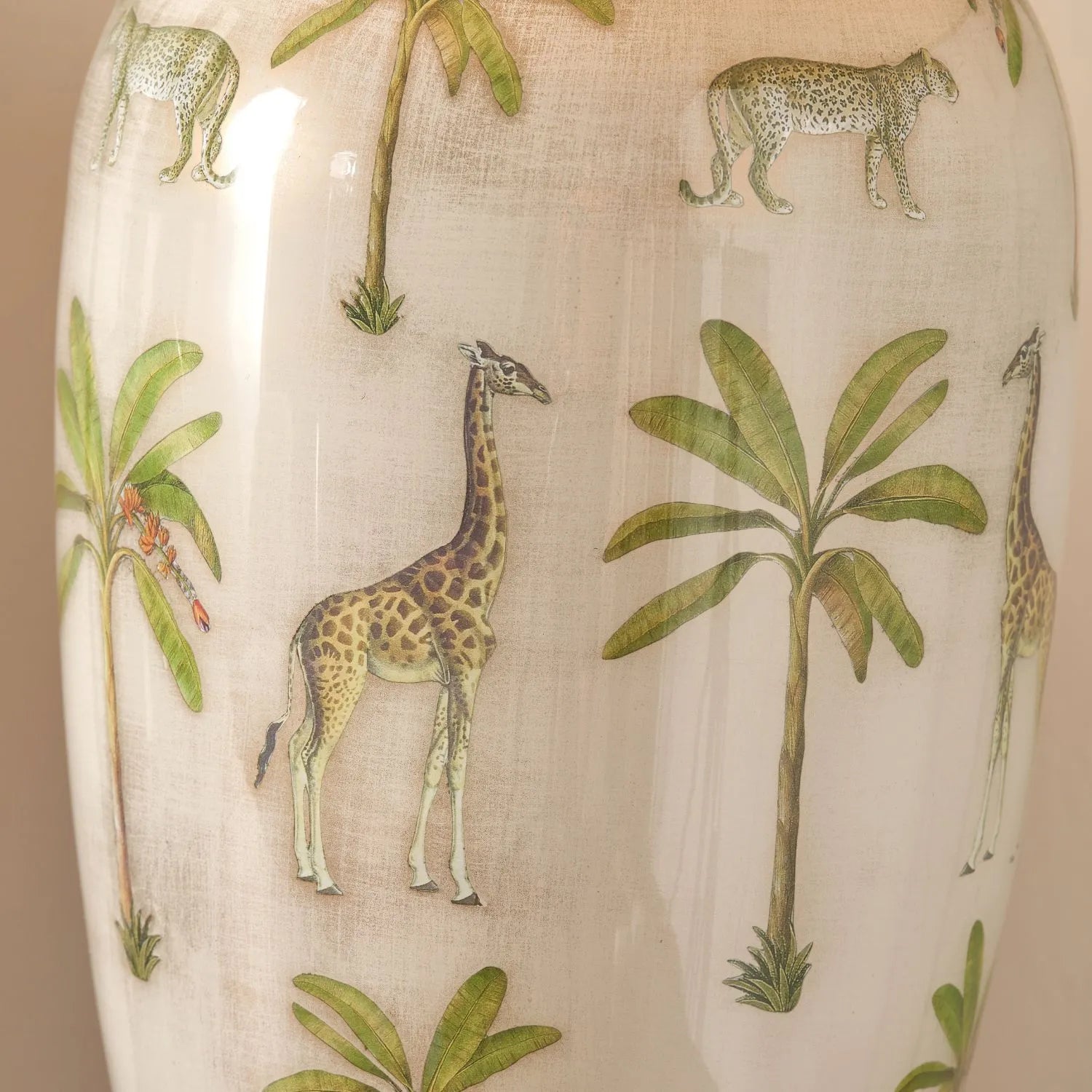 Jenny Worrall African Safari Glass Table Lamp Base with Elephants Giraffes Leopards & Palm Trees | Cream Champagne & Gold Urn-Shaped Lighting 48x20x20cm | Click Style