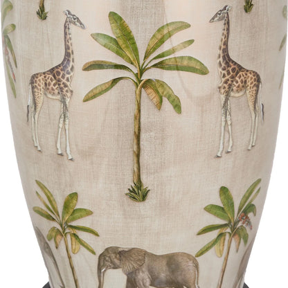 Jenny Worrall African Safari Glass Table Lamp Base with Elephants Giraffes Leopards & Palm Trees | Cream Champagne & Gold Urn-Shaped Lighting 48x20x20cm | Click Style