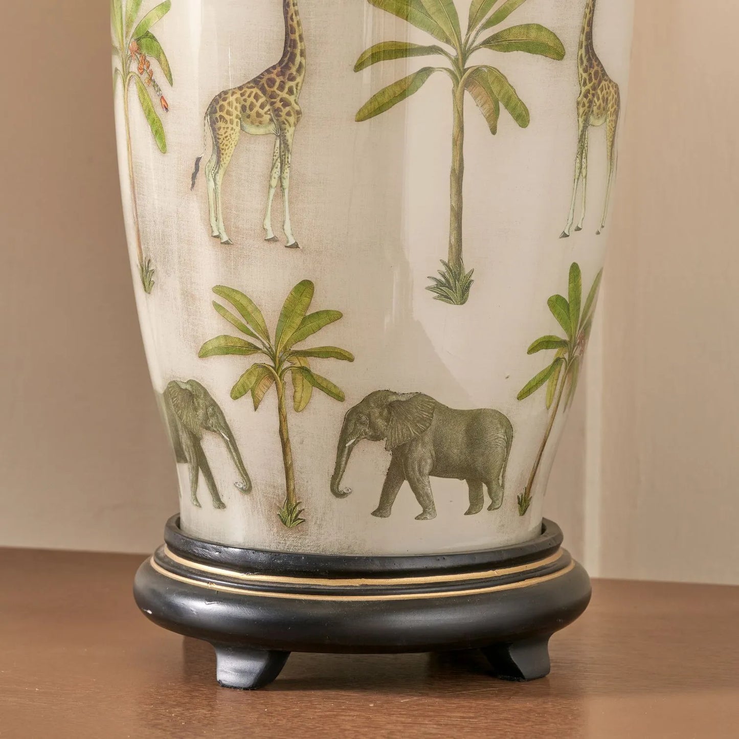 Jenny Worrall African Safari Glass Table Lamp Base with Elephants Giraffes Leopards & Palm Trees | Cream Champagne & Gold Urn-Shaped Lighting 48x20x20cm | Click Style
