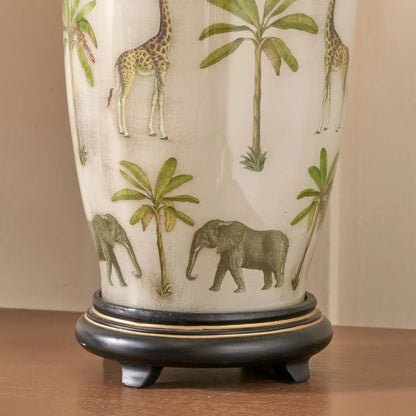 Jenny Worrall African Safari Glass Table Lamp Base with Elephants Giraffes Leopards & Palm Trees | Cream Champagne & Gold Urn-Shaped Lighting 48x20x20cm | Click Style