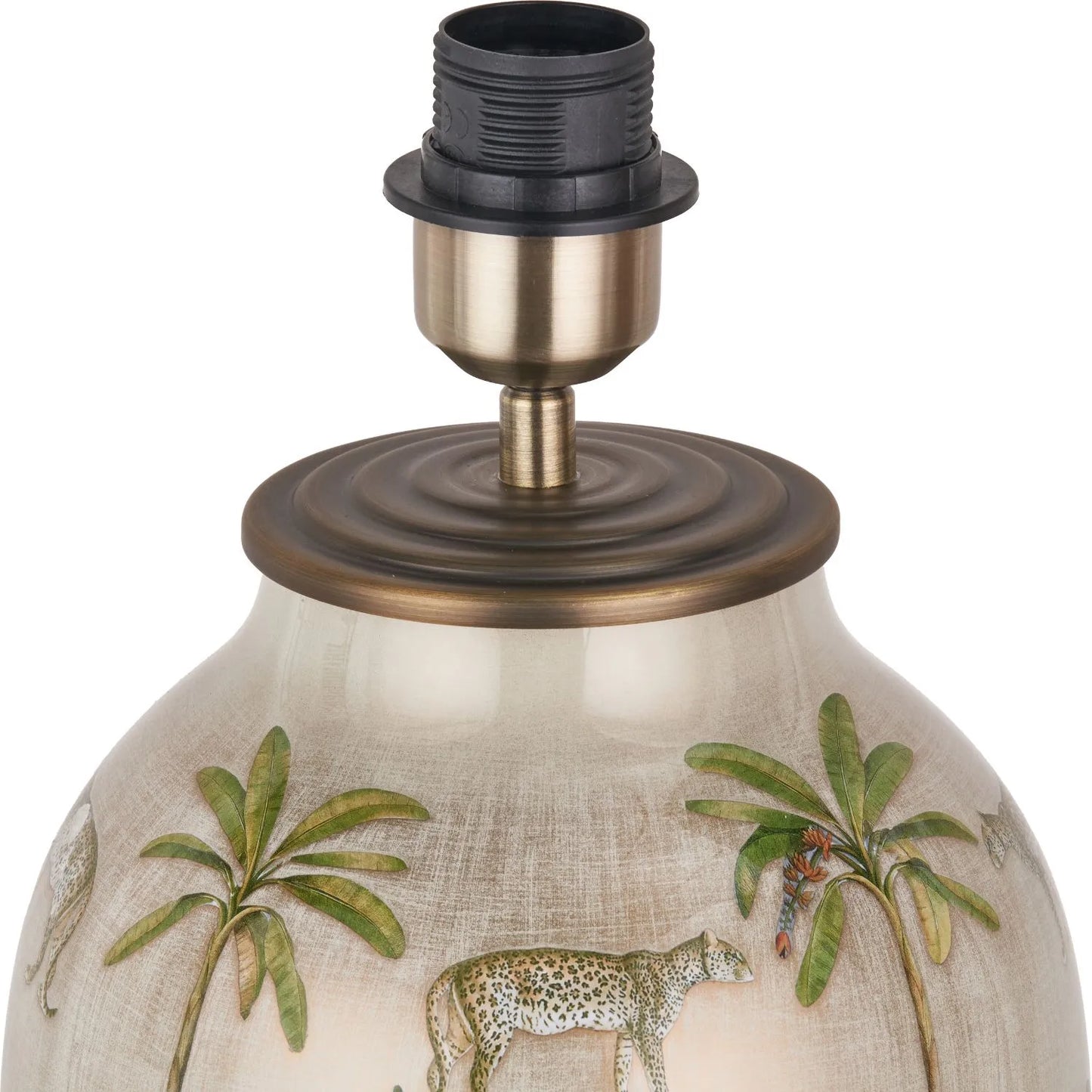 Jenny Worrall African Safari Glass Table Lamp Base with Elephants Giraffes Leopards & Palm Trees | Cream Champagne & Gold Urn-Shaped Lighting 48x20x20cm | Click Style