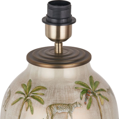 Jenny Worrall African Safari Glass Table Lamp Base with Elephants Giraffes Leopards & Palm Trees | Cream Champagne & Gold Urn-Shaped Lighting 48x20x20cm | Click Style