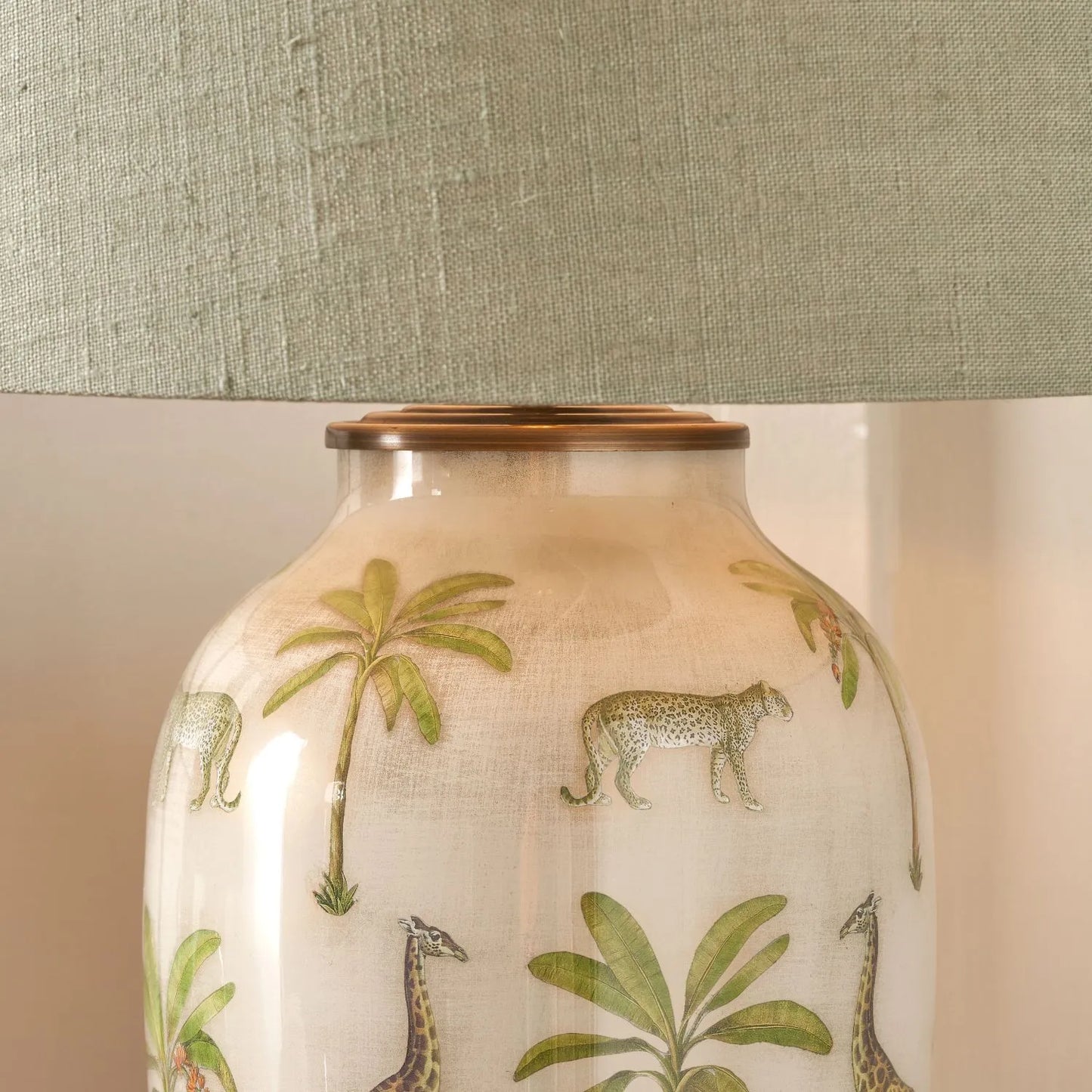 Jenny Worrall African Safari Glass Table Lamp Base with Elephants Giraffes Leopards & Palm Trees | Cream Champagne & Gold Urn-Shaped Lighting 48x20x20cm | Click Style