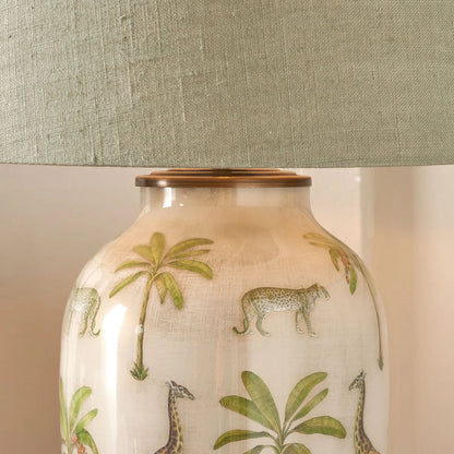 Jenny Worrall African Safari Glass Table Lamp Base with Elephants Giraffes Leopards & Palm Trees | Cream Champagne & Gold Urn-Shaped Lighting 48x20x20cm | Click Style