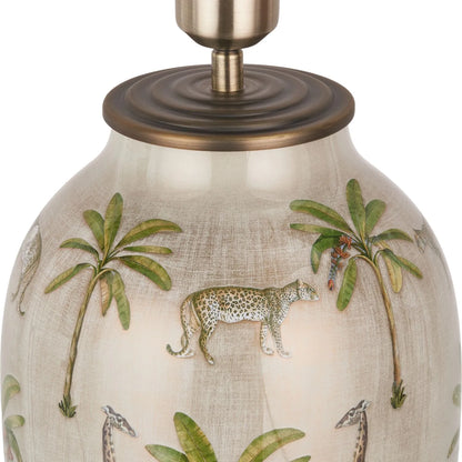 Jenny Worrall African Safari Glass Table Lamp Base with Elephants Giraffes Leopards & Palm Trees | Cream Champagne & Gold Urn-Shaped Lighting 48x20x20cm | Click Style
