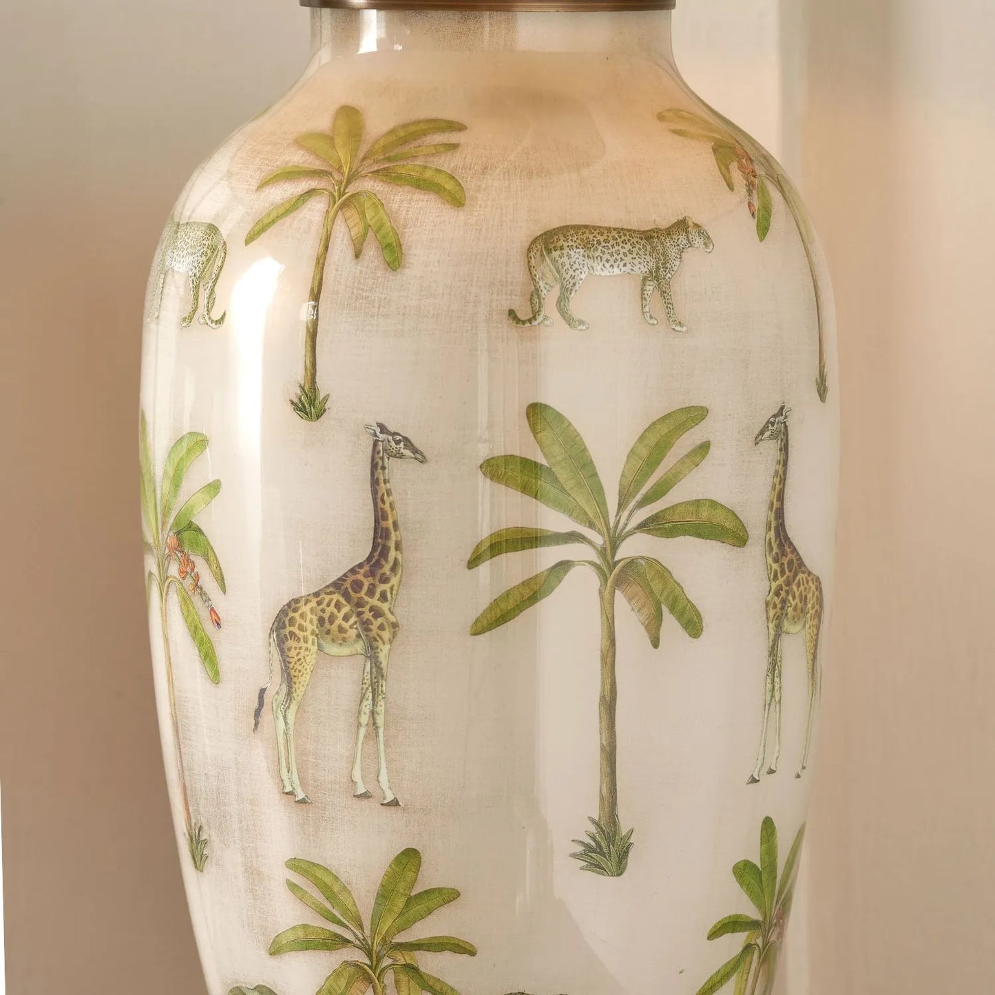 Jenny Worrall African Safari Glass Table Lamp Base with Elephants Giraffes Leopards & Palm Trees | Cream Champagne & Gold Urn-Shaped Lighting 48x20x20cm | Click Style