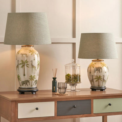 Jenny Worrall Tall African Elephants Giraffes & Leopards Safari Cream Champagne & Gold Glass Table Lamp with 40cm Natural Linen Tapered Shade – Handcrafted Tall Urn-Shaped Statement Lighting 69x40x40cm | Click Style