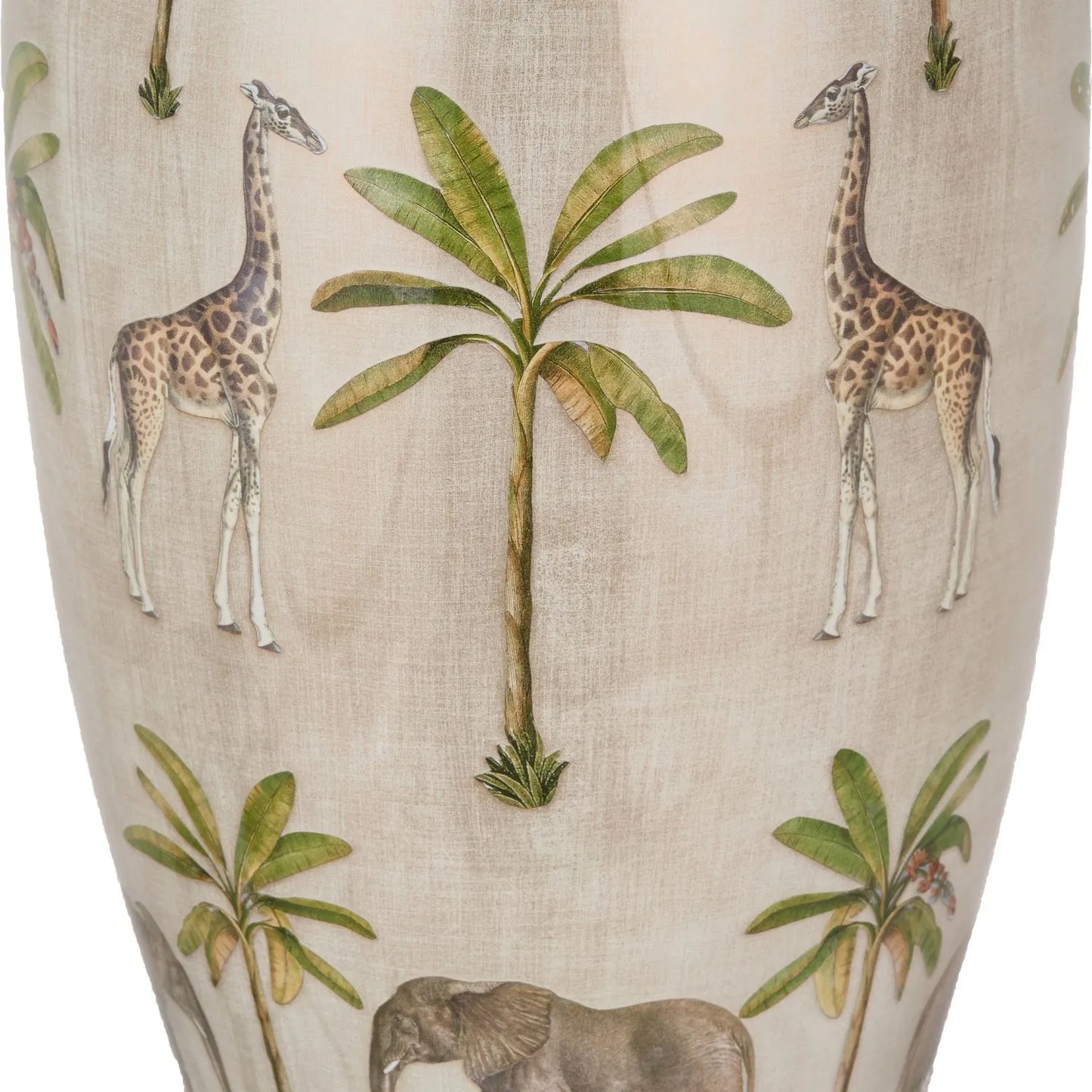 Jenny Worrall Tall African Elephants Giraffes & Leopards Safari Cream Champagne & Gold Glass Table Lamp with 40cm Natural Linen Tapered Shade – Handcrafted Tall Urn-Shaped Statement Lighting 69x40x40cm | Click Style