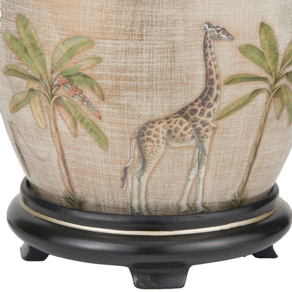 Jenny Worrall Tall African Elephants Giraffes & Leopards Safari Cream Champagne & Gold Glass Table Lamp with 40cm Natural Linen Tapered Shade – Handcrafted Tall Urn-Shaped Statement Lighting 69x40x40cm | Click Style