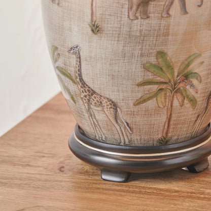 Jenny Worrall Tall African Elephants Giraffes & Leopards Safari Cream Champagne & Gold Glass Table Lamp with 40cm Natural Linen Tapered Shade – Handcrafted Tall Urn-Shaped Statement Lighting 69x40x40cm | Click Style