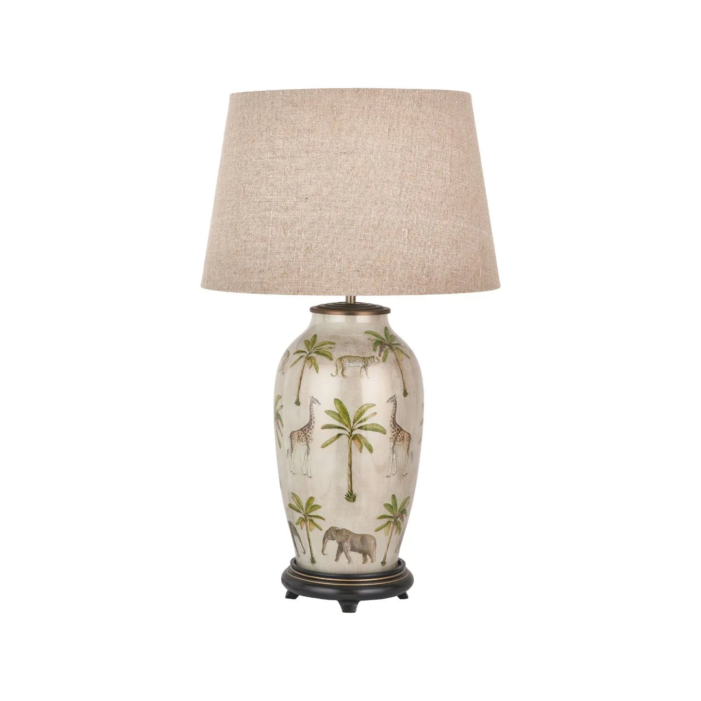Jenny Worrall Tall African Elephants Giraffes & Leopards Safari Cream Champagne & Gold Glass Table Lamp with 40cm Natural Linen Tapered Shade – Handcrafted Tall Urn-Shaped Statement Lighting 69x40x40cm | Click Style