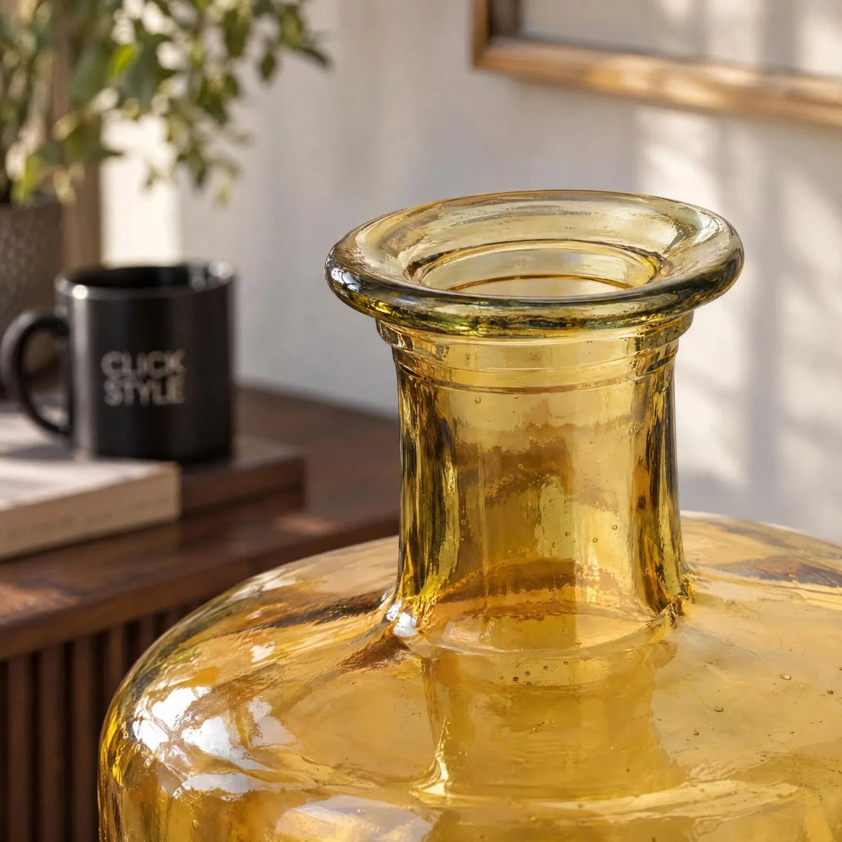 Tall Amber Yellow Recycled Glass Bottle Vase with Narrow Neck – Large Decorative Floor Standing Vase 75x25x25cm – Close-Up of Rolled Rim Neck & Recycled Glass Detail | Click Style