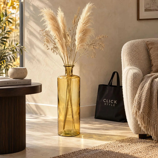 Tall Amber Yellow Recycled Glass Bottle Vase with Narrow Neck – Large Decorative Floor Standing Vase 75x25x25cm – Styled with Tall Pampas Grass in Living Room | Click Style