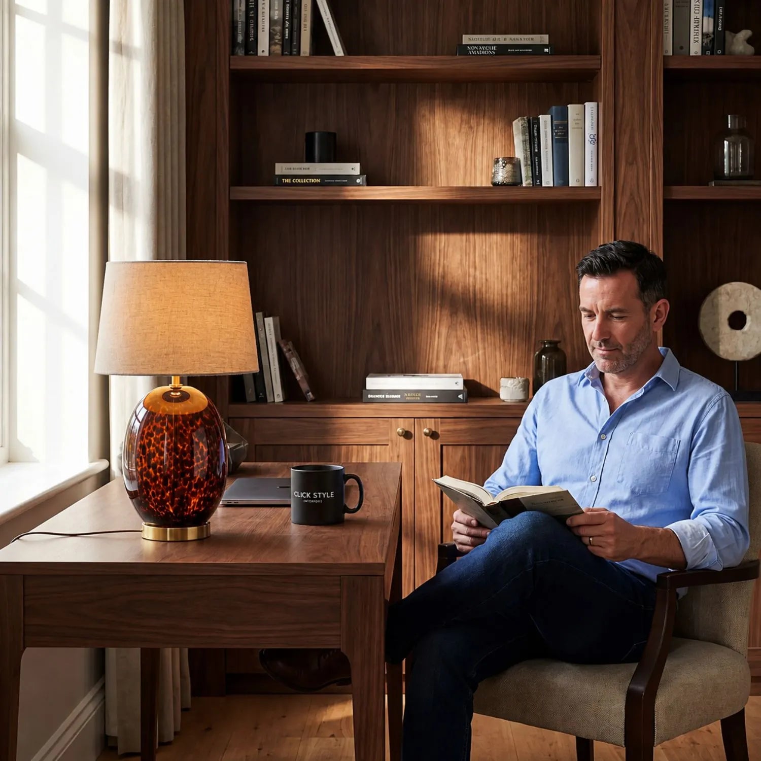 Tall Amber & Brown Tortoiseshell Glass Table Lamp with Natural Linen Tapered Shade styled in a contemporary home office with a man 52x33x33cm | Click Style