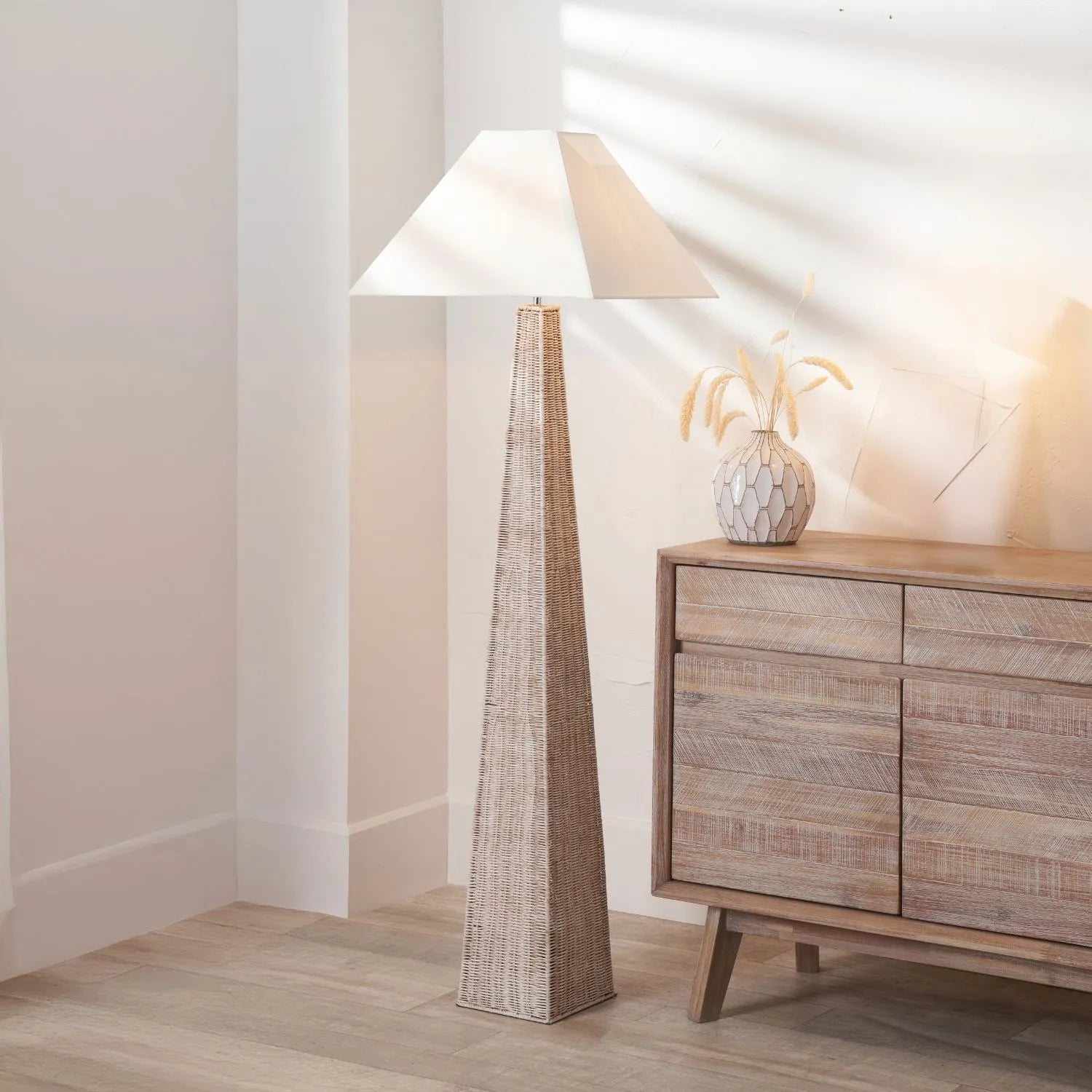 Tall Antique Cream-Washed Rattan Pyramid Floor Lamp Base With Gold Lampholder Woven Natural Rattan Floor Light 132x20x20cm | Click Style