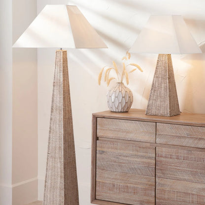 Tall Antique Cream-Washed Rattan Pyramid Floor Lamp With 48cm Cream Cotton Tapered Lampshade – Woven Natural Floor Light 154x48x48cm | Click Style