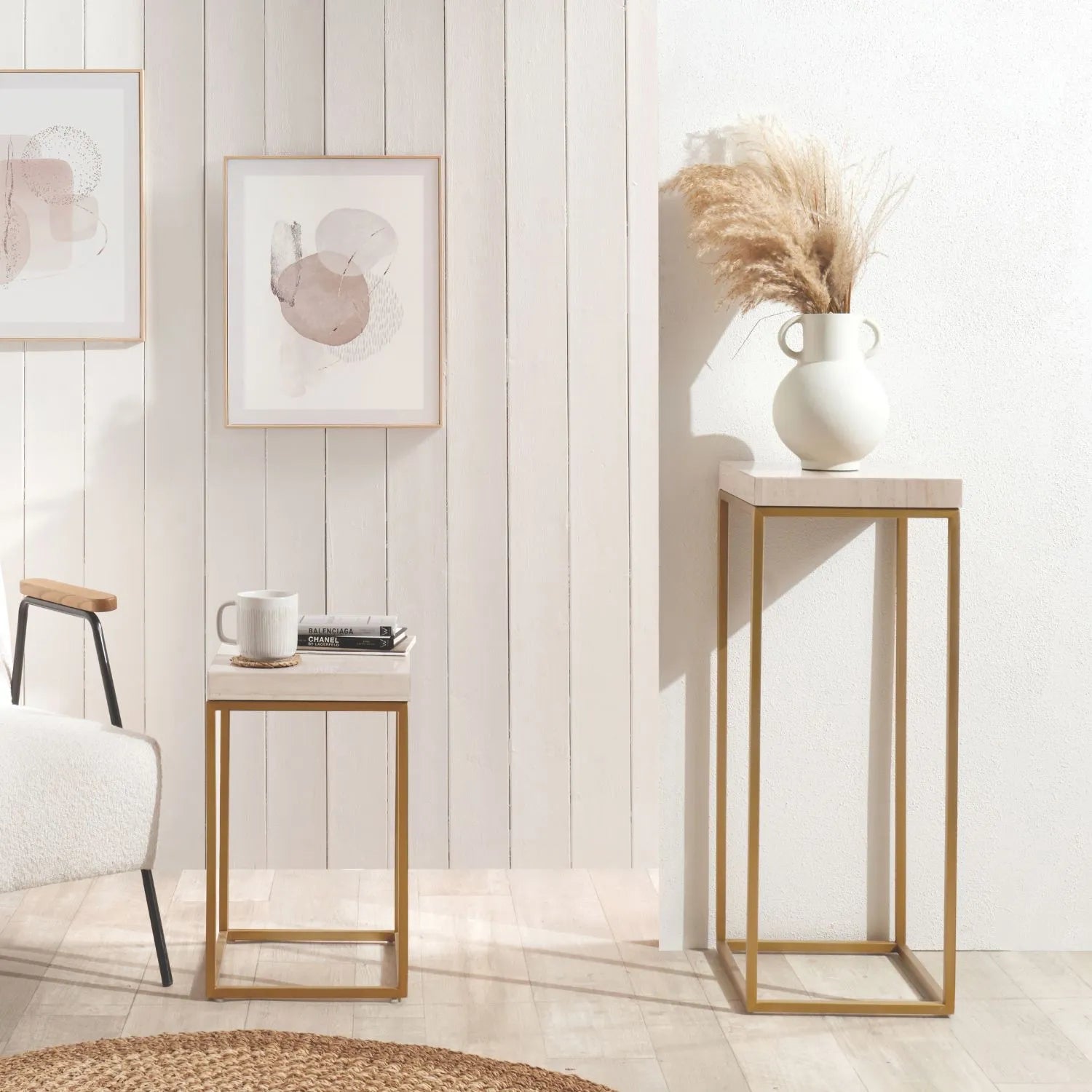 Tall Beige Polished Granite Square Side Table With Burnished Gold Metal Legs – Modern Stone-Top Accent Table 77x30x30cm | Click Style