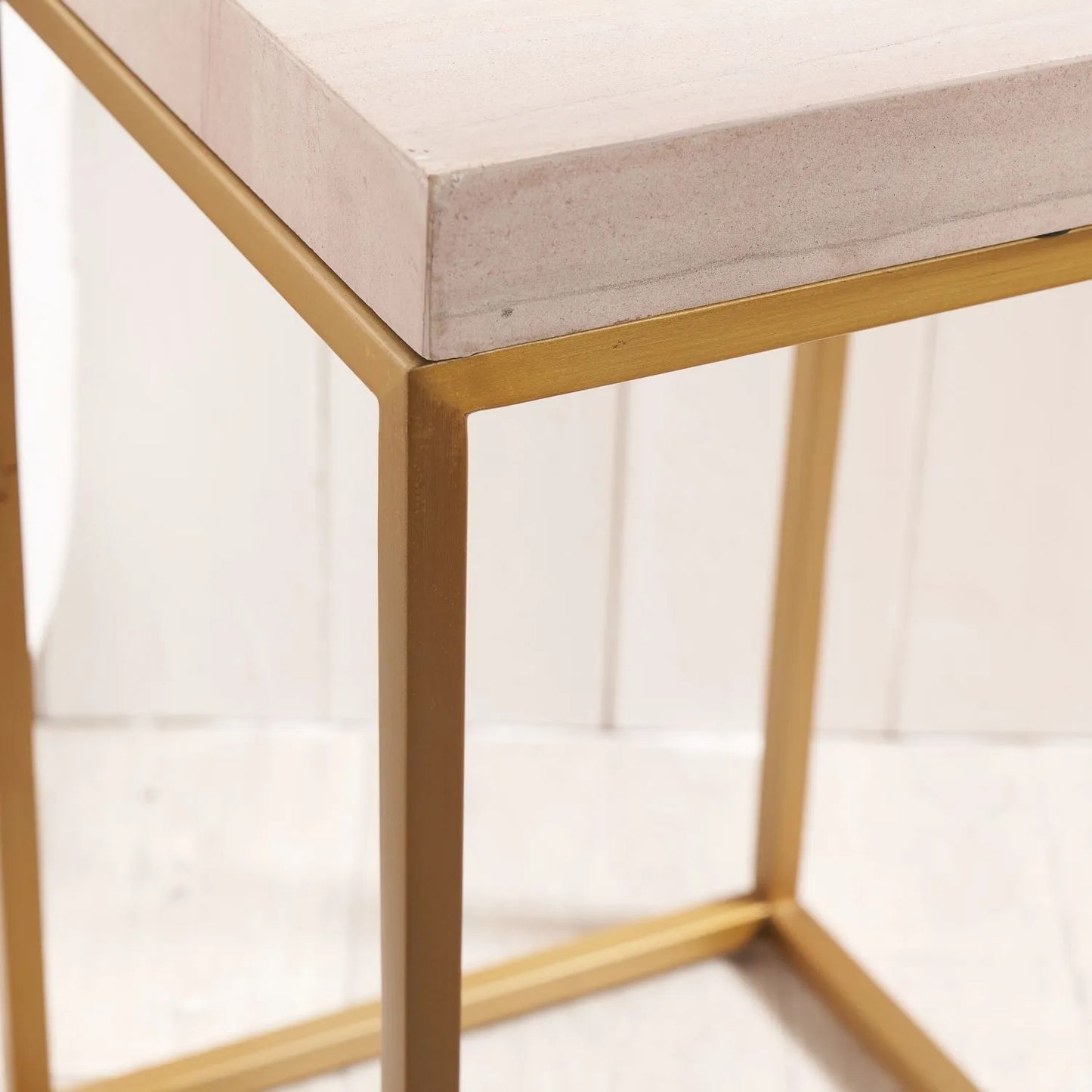 Tall Beige Polished Granite Square Side Table With Burnished Gold Metal Legs – Modern Stone-Top Accent Table 77x30x30cm | Click Style