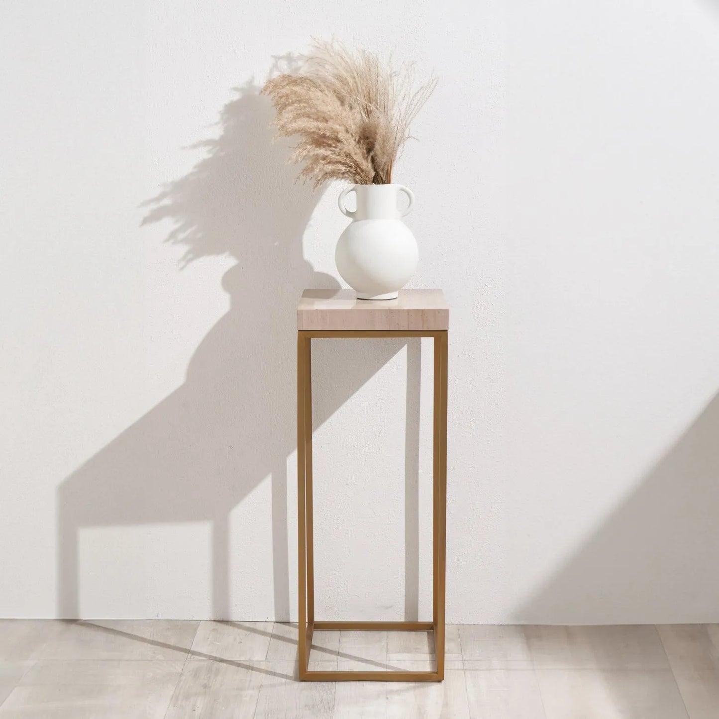 Tall Beige Polished Granite Square Side Table With Burnished Gold Metal Legs – Modern Stone-Top Accent Table 77x30x30cm | Click Style