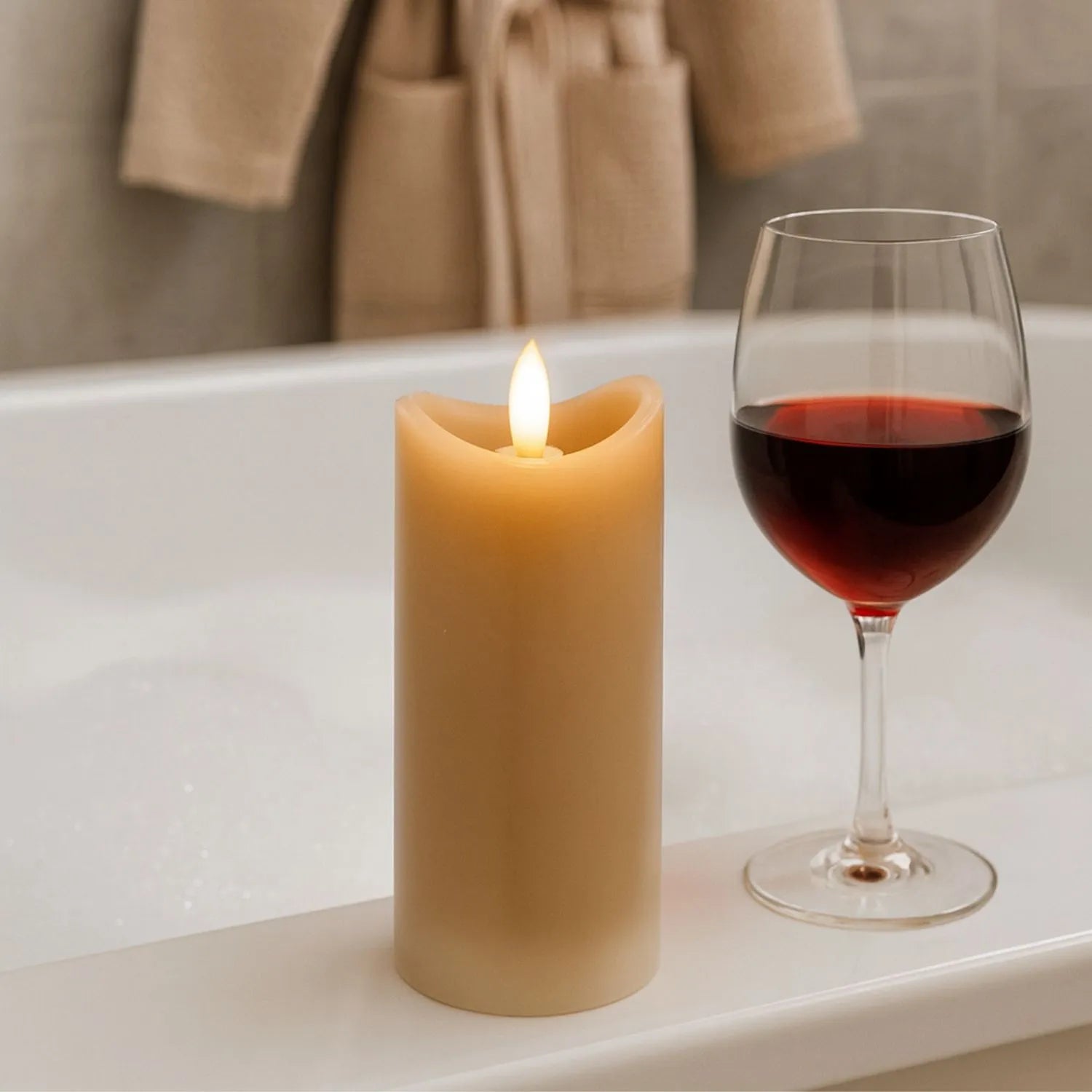 Tall Beige Taupe Melted-Effect Real Wax LED Flameless Pillar Candle with Realistic Flickering Flame – Battery Operated Decorative Light 15x7x7cm | Click Style