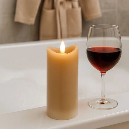 Tall Beige Taupe Melted-Effect Real Wax LED Flameless Pillar Candle with Realistic Flickering Flame – Battery Operated Decorative Light 15x7x7cm | Click Style