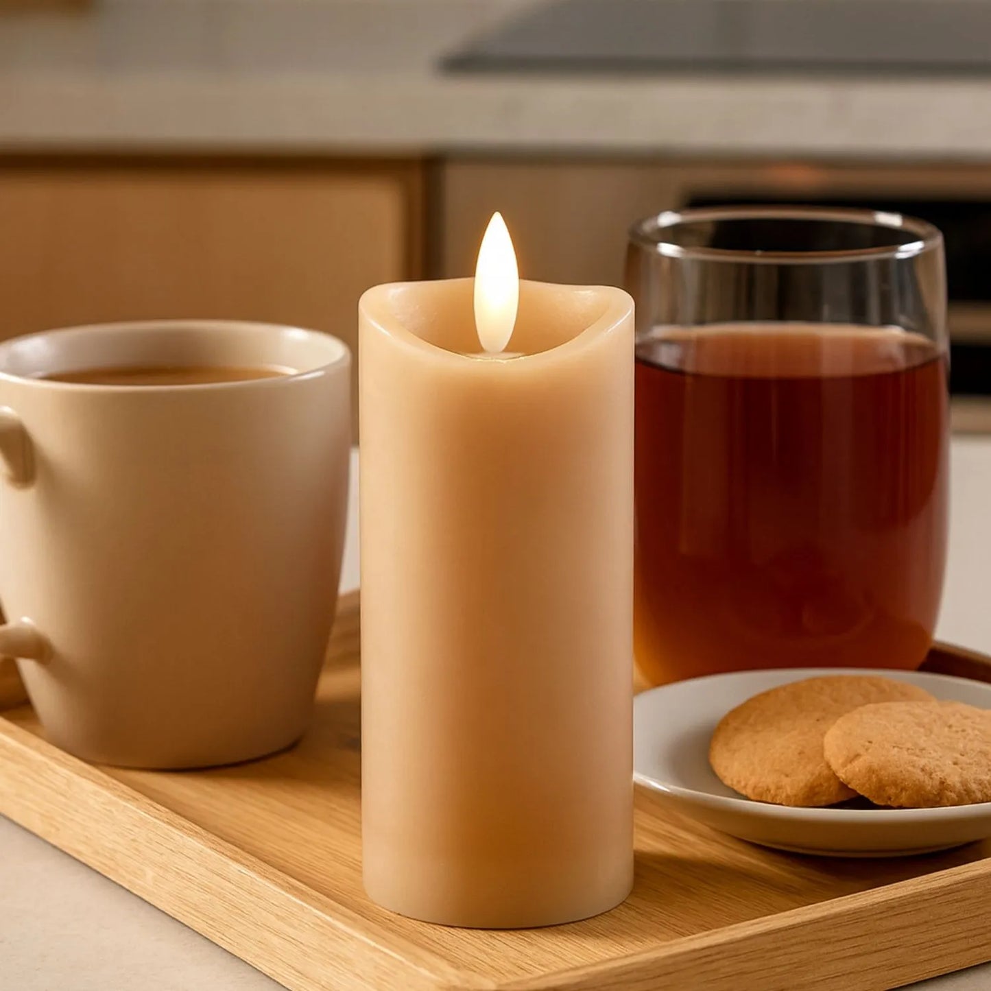 Tall Beige Taupe Melted-Effect Real Wax LED Flameless Pillar Candle with Realistic Flickering Flame – Battery Operated Decorative Light 15x7x7cm | Click Style