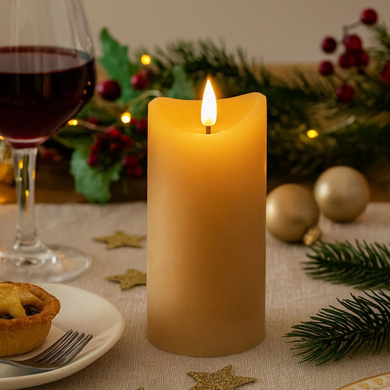 Tall Beige Taupe Melted-Effect Real Wax LED Flameless Pillar Candle with Realistic Flickering Flame – Battery Operated Decorative Light 15x7x7cm | Click Style