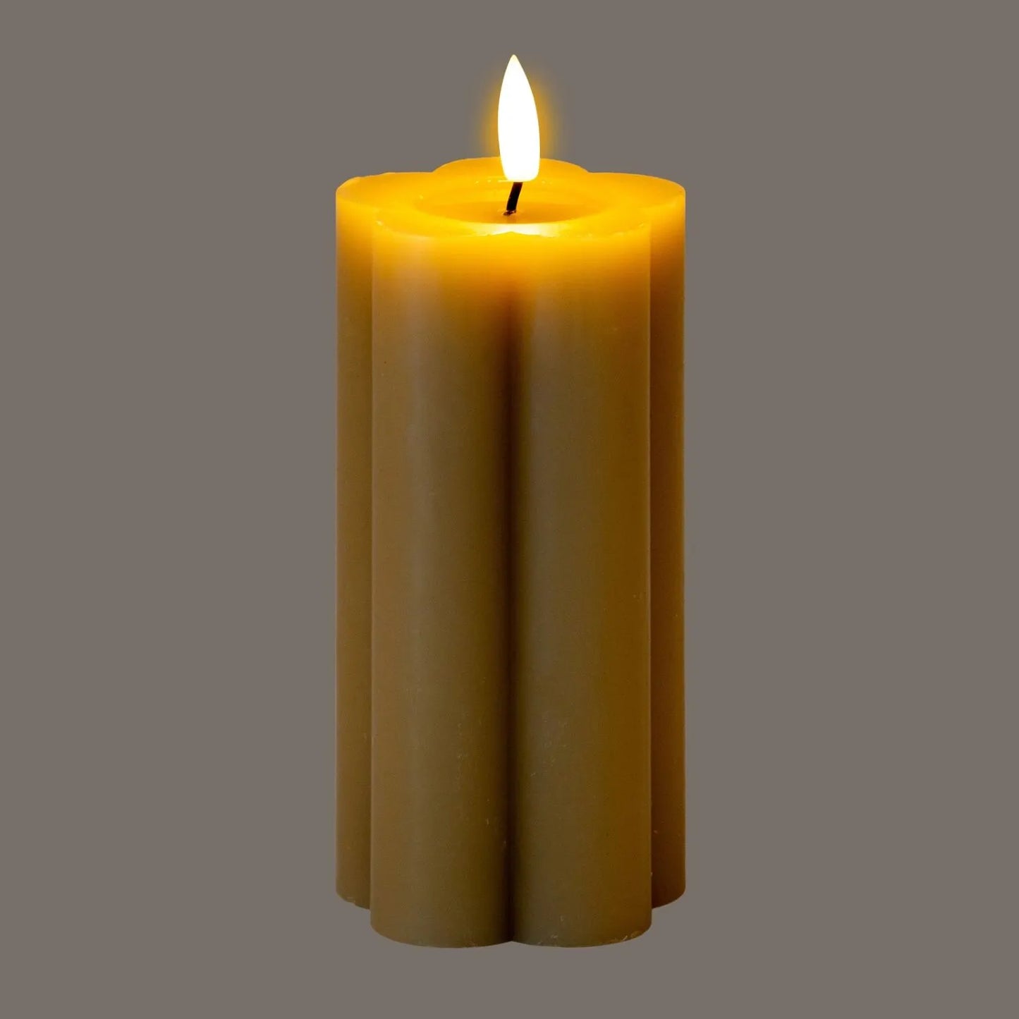 Tall Beige Taupe Scalloped Real Wax LED Flameless Pillar Candle with Realistic Flickering Flame – Battery Operated Decorative Light 15x7x7cm | Click Style