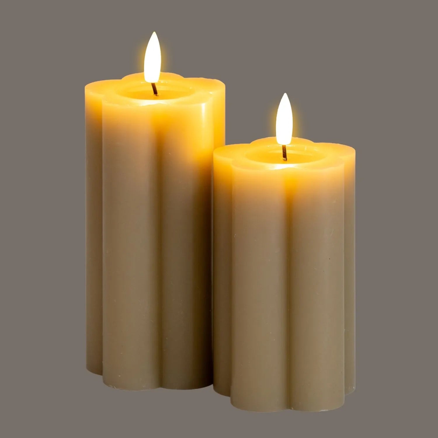 Tall Beige Taupe Scalloped Real Wax LED Flameless Pillar Candle with Realistic Flickering Flame – Battery Operated Decorative Light 15x7x7cm | Click Style