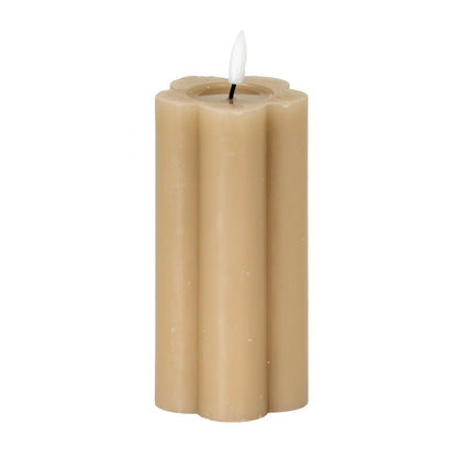 Tall Beige Taupe Scalloped Real Wax LED Flameless Pillar Candle with Realistic Flickering Flame – Battery Operated Decorative Light 15x7x7cm | Click Style
