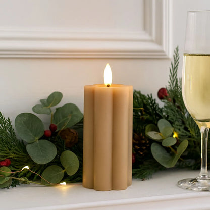 Tall Beige Taupe Scalloped Real Wax LED Flameless Pillar Candle with Realistic Flickering Flame – Battery Operated Decorative Light 15x7x7cm | Click Style