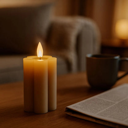 Tall Beige Taupe Scalloped Real Wax LED Flameless Pillar Candle with Realistic Flickering Flame – Battery Operated Decorative Light 15x7x7cm | Click Style