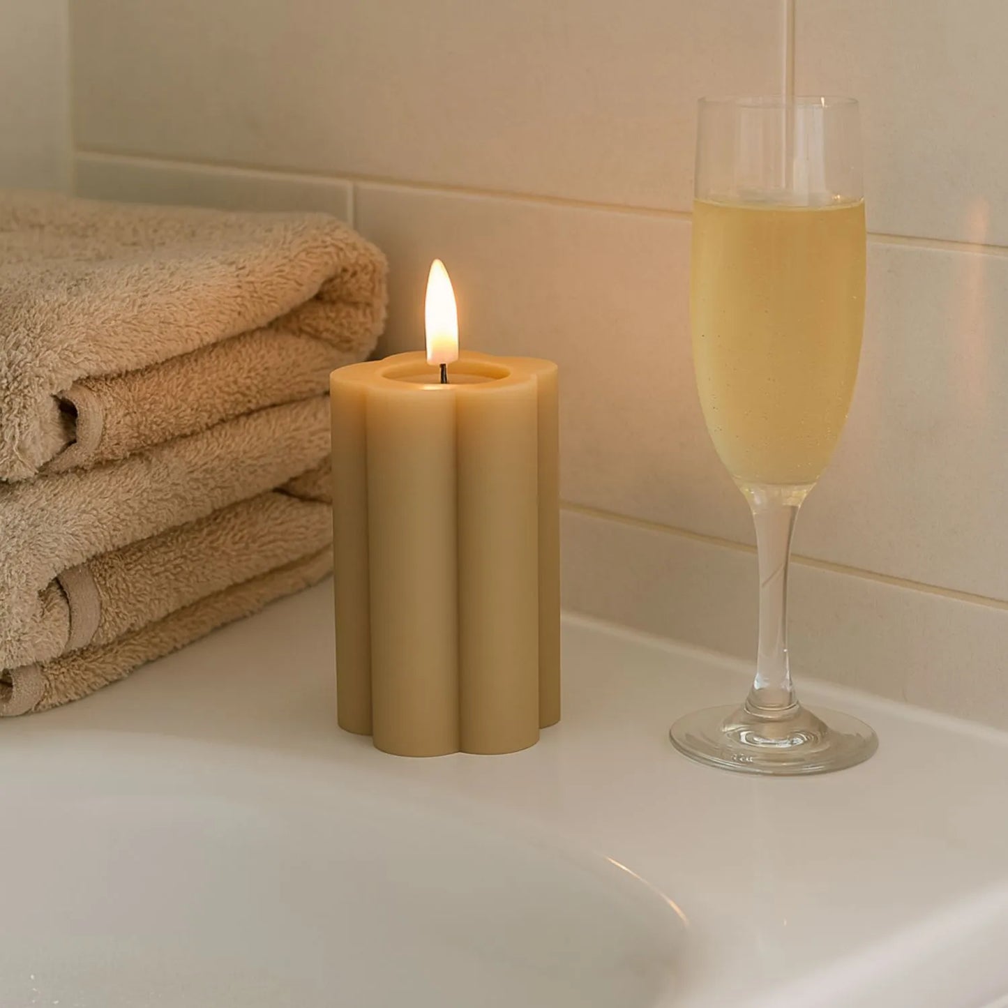 Tall Beige Taupe Scalloped Real Wax LED Flameless Pillar Candle with Realistic Flickering Flame – Battery Operated Decorative Light 15x7x7cm | Click Style