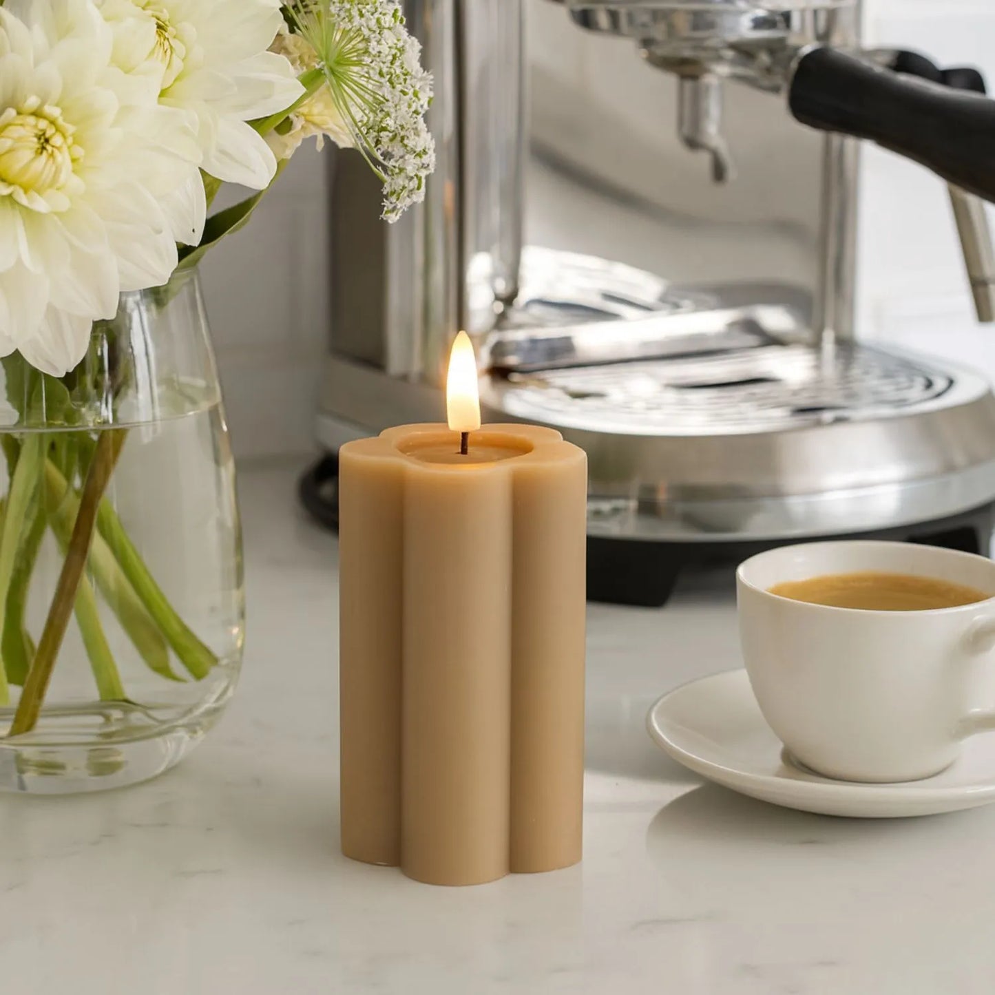 Tall Beige Taupe Scalloped Real Wax LED Flameless Pillar Candle with Realistic Flickering Flame – Battery Operated Decorative Light 15x7x7cm | Click Style