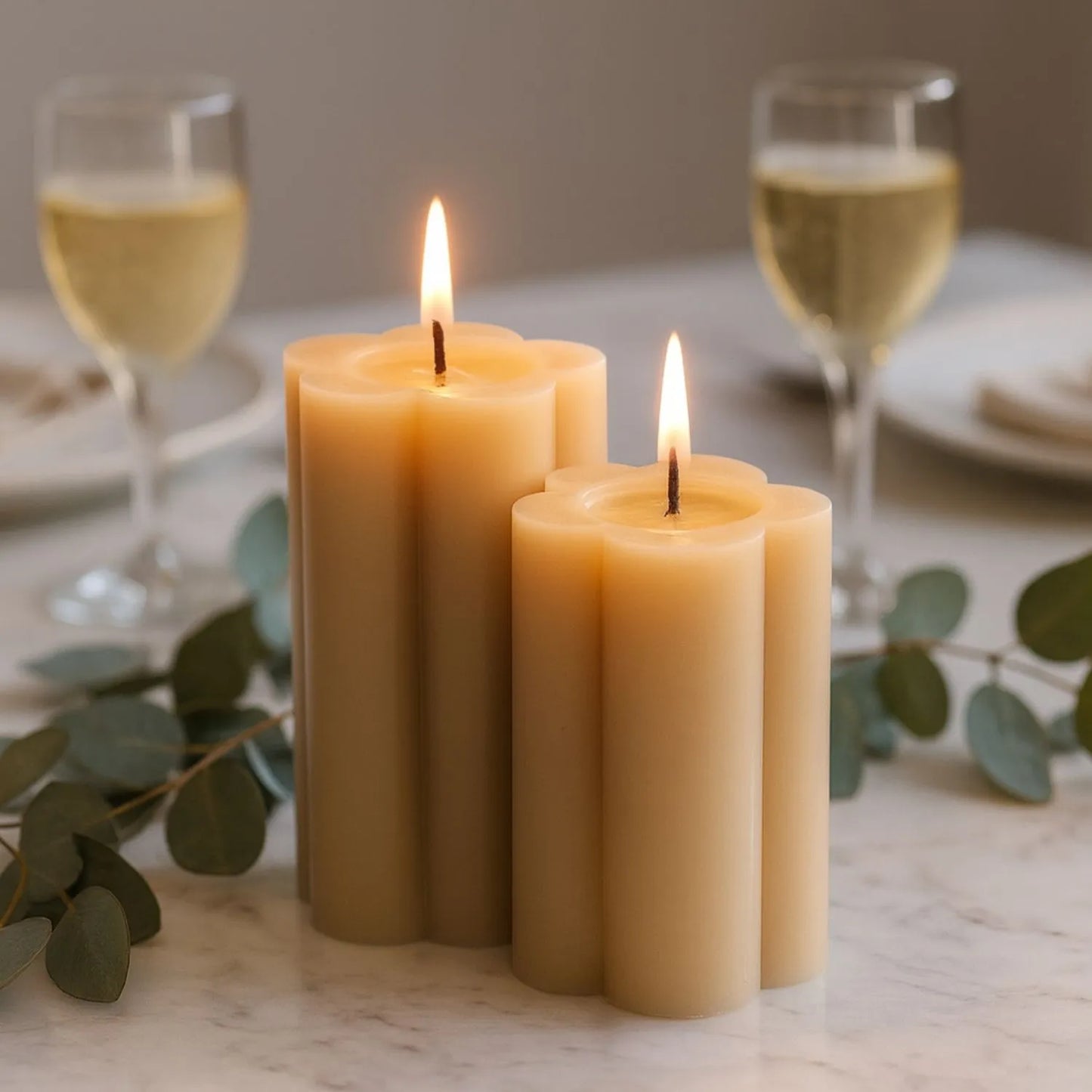 Tall Beige Taupe Scalloped Real Wax LED Flameless Pillar Candle with Realistic Flickering Flame – Battery Operated Decorative Light 15x7x7cm | Click Style
