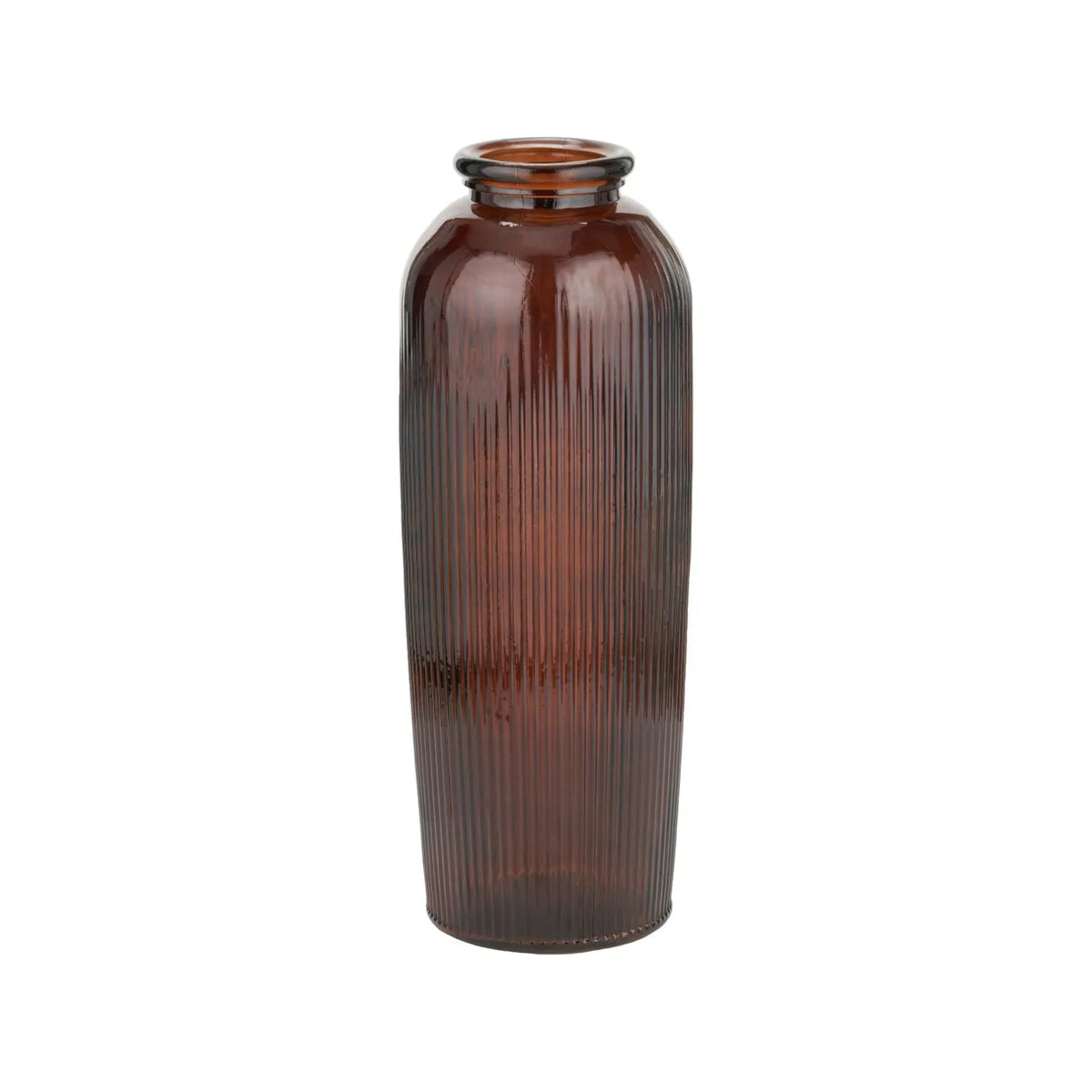 Tall Chestnut Brown Recycled Glass Ribbed Vase with Rolled Rim – Large Floor Standing Vase 72x26x26cm – Full Angled View | Click Style