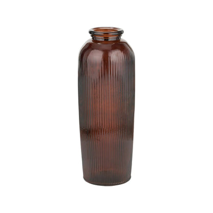 Tall Chestnut Brown Recycled Glass Ribbed Vase with Rolled Rim – Large Floor Standing Vase 72x26x26cm – Full Angled View | Click Style