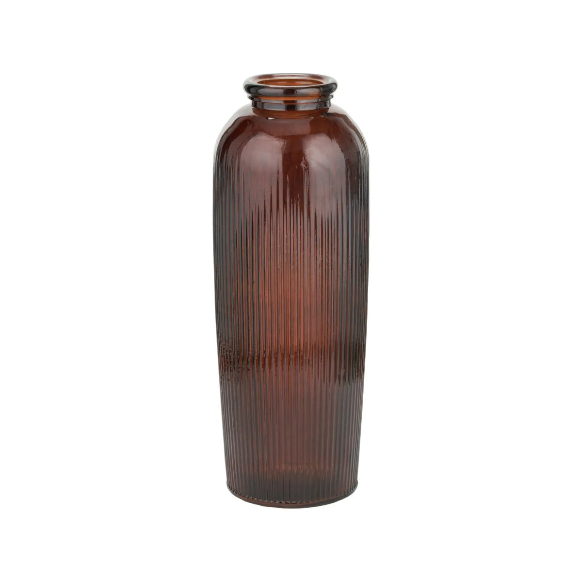 Tall Chestnut Brown Recycled Glass Ribbed Vase with Rolled Rim – Large Floor Standing Vase 72x26x26cm – Full Front View | Click Style